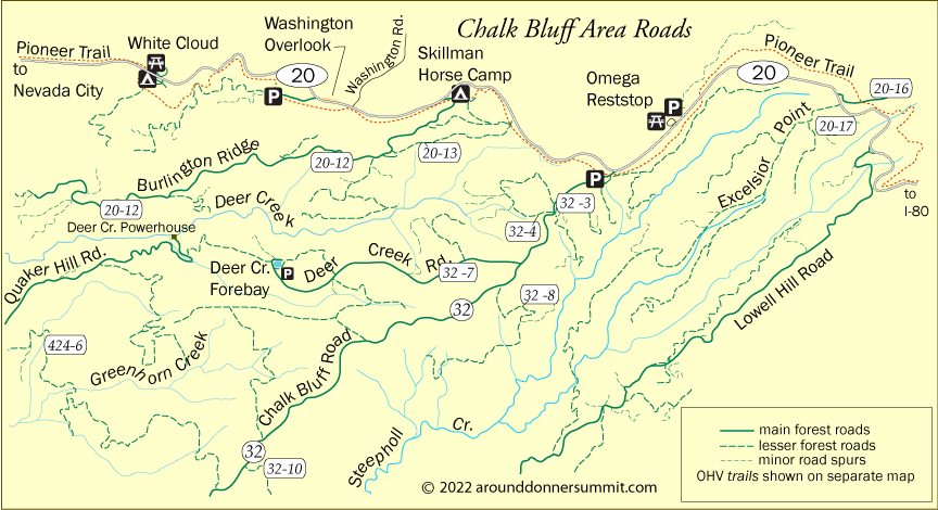 map roads in Chalk Bluff area, Tahoe National Forest, CA