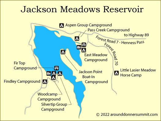 map of campgrounds at Jackson Meadows Reservoir, CA