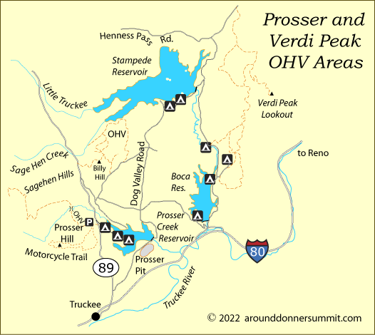 map of Prosser Hill and Verdi Peak OHV areas, Tahoe National Forest, CA