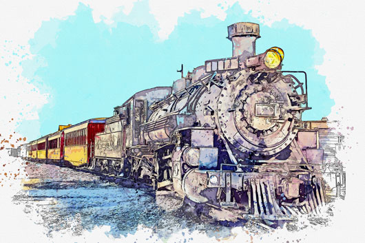 Watercolor painting of an old-fashion train, CA
